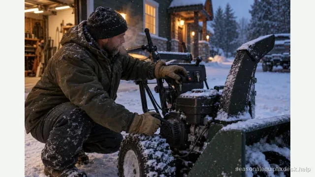 A person in winter gear crouched at the control panel of a two-stage snow blower on a snowy driveway at dusk, one gloved hand on the ignition key and choke, the other on the recoil-start handle.