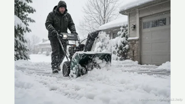 A snow blower pushed through deep wet snow on a suburban driveway during a storm, only a weak short spray of snow falling from the discharge chute instead of a long plume.