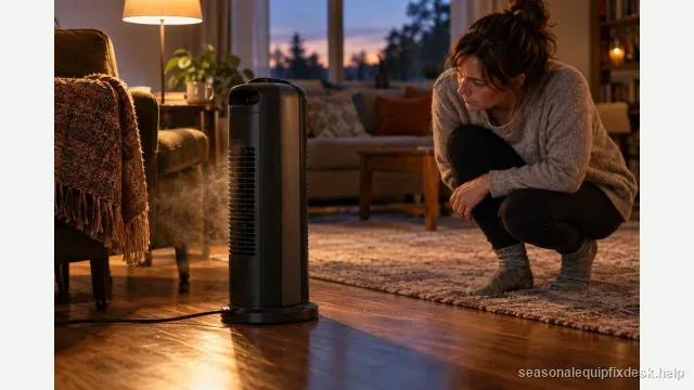 A ceramic tower space heater on a hardwood floor in a living room at dusk, a faint haze of dust visible rising from the rear intake grille in low raking lamplight, a person crouched a safe distance away visually inspecting the vents without touching the heater.