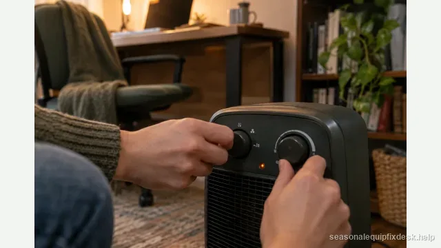 A close shot of the control panel of a small space heater on the floor of a home-office corner in warm lamp light, a hand turning the mode dial from a fan setting toward a heat setting and nudging the thermostat knob up.