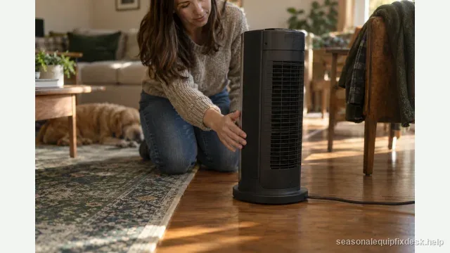 A ceramic tower space heater standing on hardwood near the edge of a rug in a living room, a person kneeling behind it with a hand near the rear intake grille checking for airflow and clearance, a throw draped over a chair well away from it.