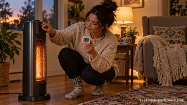 A person crouching beside a tower space heater in a cozy living room at dusk, turning its dial while holding a separate room thermometer for comparison.