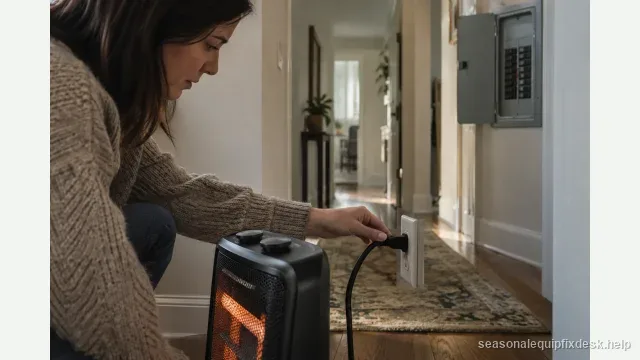 A space heater plugged directly into a hallway wall receptacle with no power strip, a person pinching the plug and cord near the outlet to feel for heat, an open electrical-panel door further down the hall with one breaker tripped.