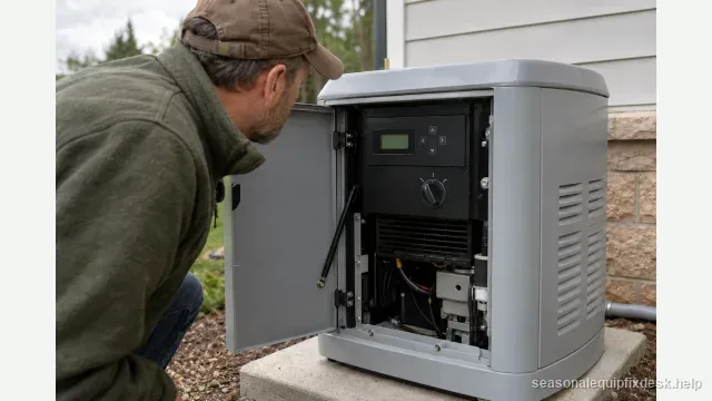 A home standby generator in its grey enclosure on a concrete pad beside a house wall, the control-panel door open showing the controller display and its AUTO/OFF/MANUAL mode selector, a person leaning in to check it.