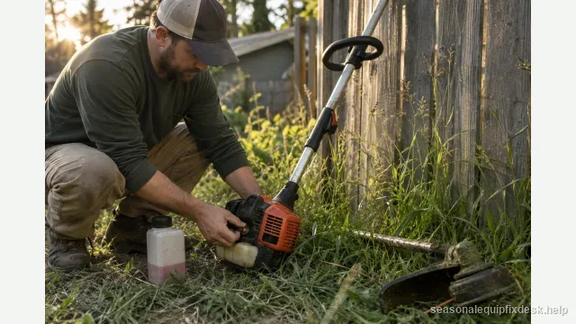 A gas string trimmer leaned engine-down against a wooden fence in low golden light, a person crouched at the engine end pressing the purge bulb and setting the choke, a small mix-fuel bottle nearby, the trimmer head and line on the ground.