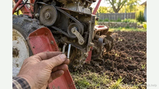 A rear-tine garden tiller at the edge of a tilled bed, its belt cover removed and propped against a wheel, the drive belt and idler pulley exposed, a hand holding a bent clevis pin up next to a straight spare pin for comparison.