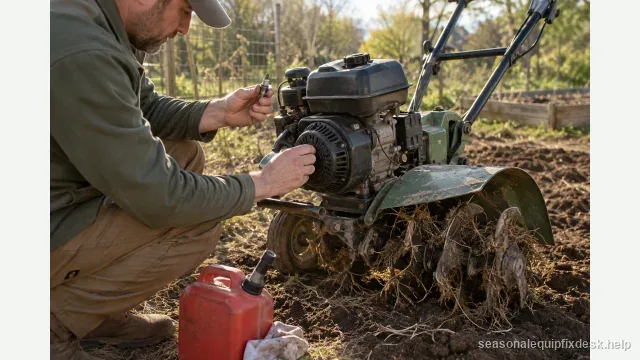 A rear-tine garden tiller at the edge of a garden bed after winter, dead weeds around the tines, a person at the engine with one hand on the recoil starter and the other holding the removed spark plug up to inspect it, a fuel can on the soil.