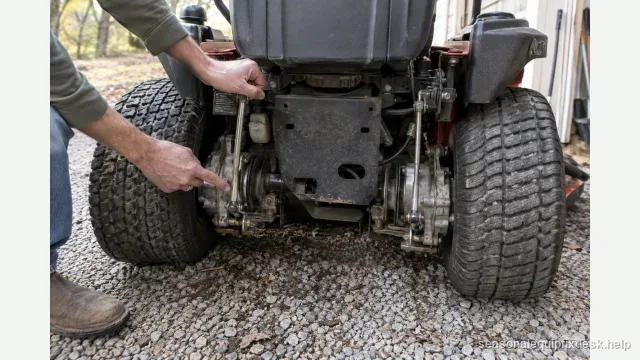 The rear of a zero-turn mower on a gravel pad, both hydrostatic transaxle pulleys and bypass rods exposed, a hand holding one rod and pointing at the other to compare them.