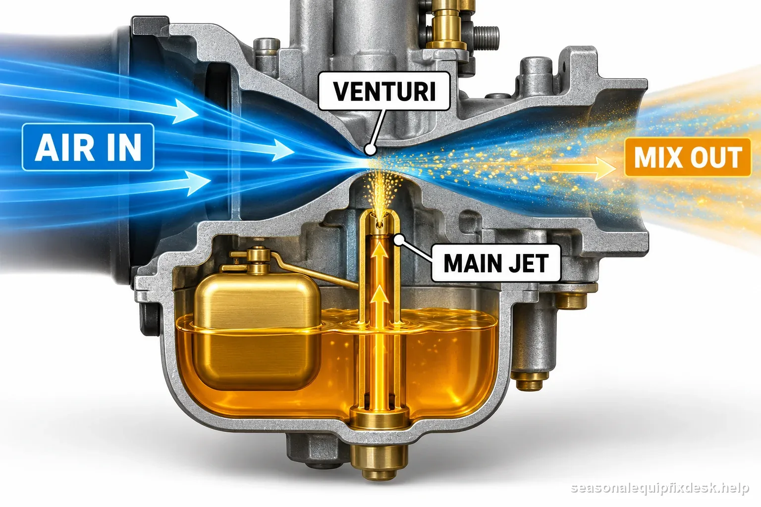 Labeled small-engine carburetor cutaway traces incoming air through the venturi and fuel rising through the main jet before the mixture exits.