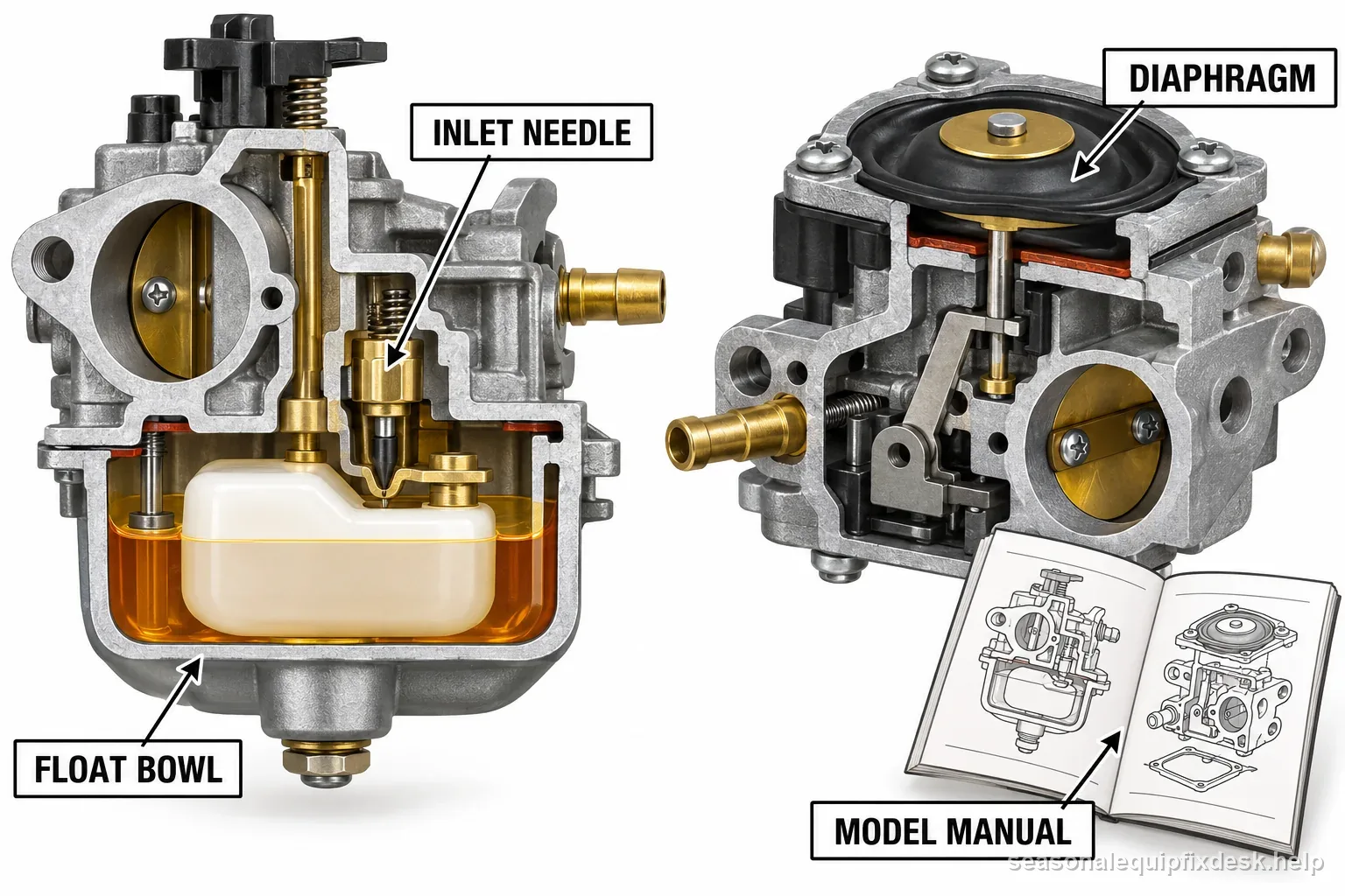 A small-engine float-bowl carburetor and diaphragm carburetor are compared with inlet needle, float bowl, diaphragm, and model manual labels.