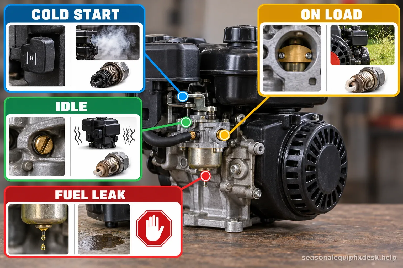 Symptom map separates cold-start, idle, and under-load carburetor clues while flagging visible fuel leakage as a stop-and-service condition.