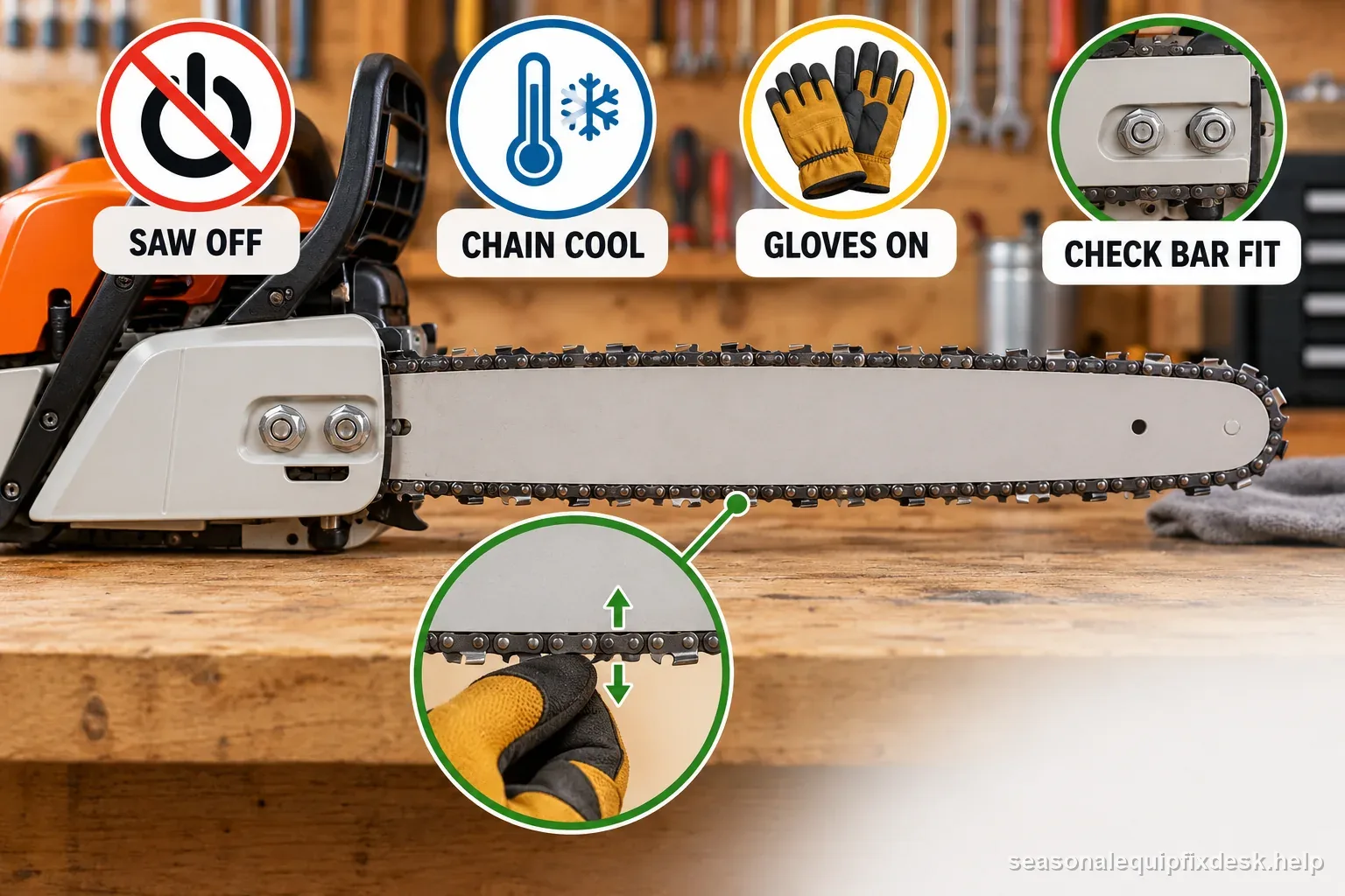Chainsaw chain tension graphic marks saw off, cool chain, gloves on, and correct bar fit before a manual-based check.