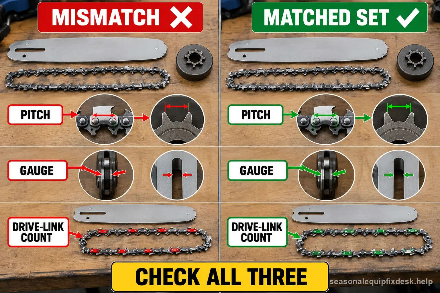 A labeled bench comparison checks chain pitch, drive-link gauge, and link count against a guide bar.