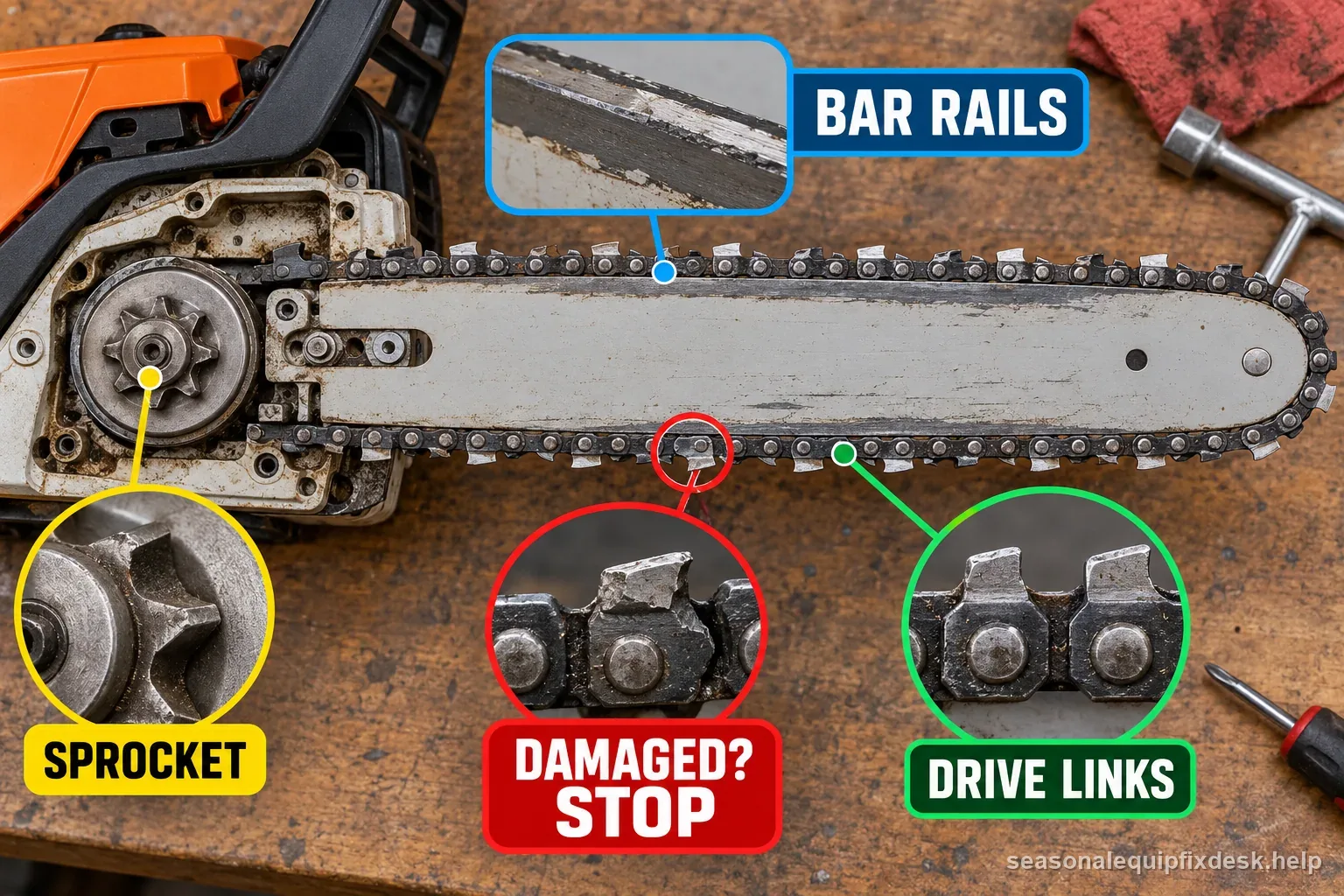 Still chainsaw diagram labels bar rails, drive links, sprocket, and when visible chain damage means stop.