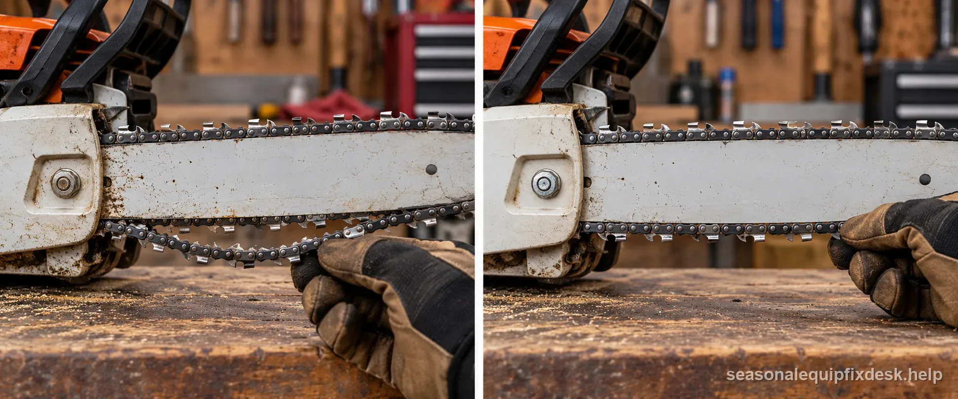 Side-by-side visual comparison of a sagging chainsaw chain and one seated snugly against the guide bar
