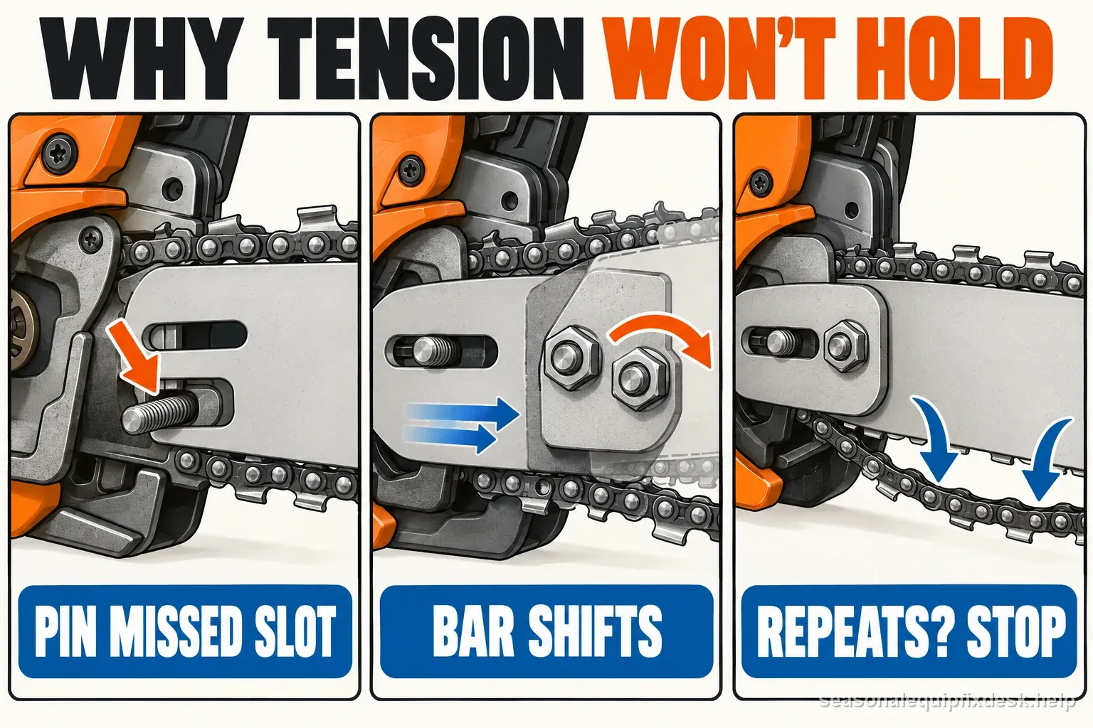Three labeled chainsaw bar-mount panels show a missed adjuster pin, a bar shifting under clamp nuts, and repeated loosening that requires stopping
