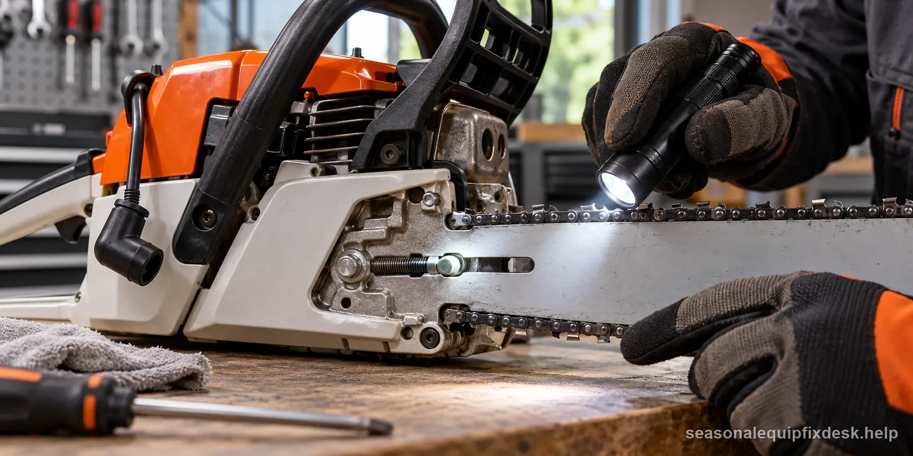 Close inspection of a chainsaw guide bar mount and tensioner pin with the engine disabled