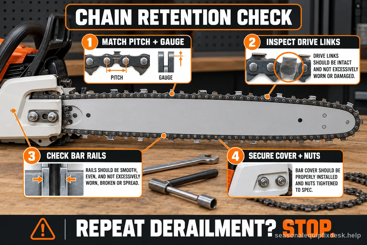 A labeled chainsaw retention checklist shows matching chain pitch and gauge, intact drive links, guide-bar rail inspection, and securing the cover.