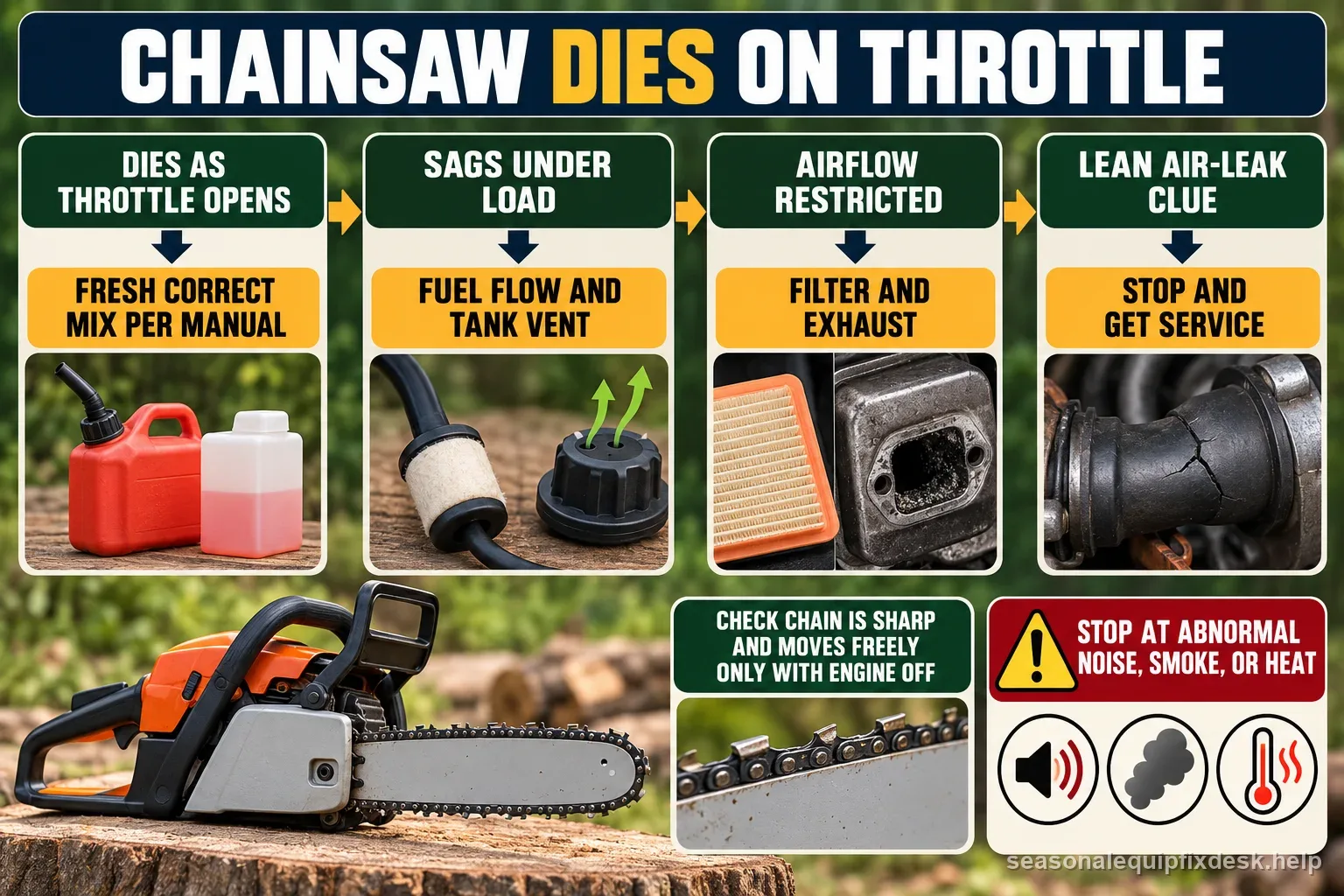 A chainsaw throttle stall map distinguishing fuel mix, tank vent, air filter or exhaust restriction, and possible air-leak service clues