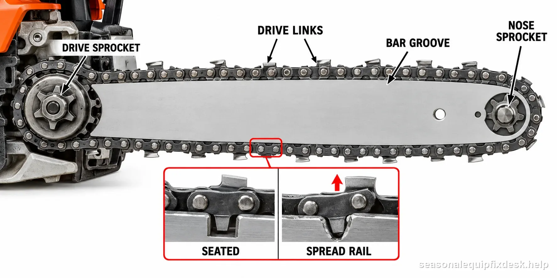 A stationary chainsaw diagram labels the bar groove, drive links, drive and nose sprockets, and spread rails.