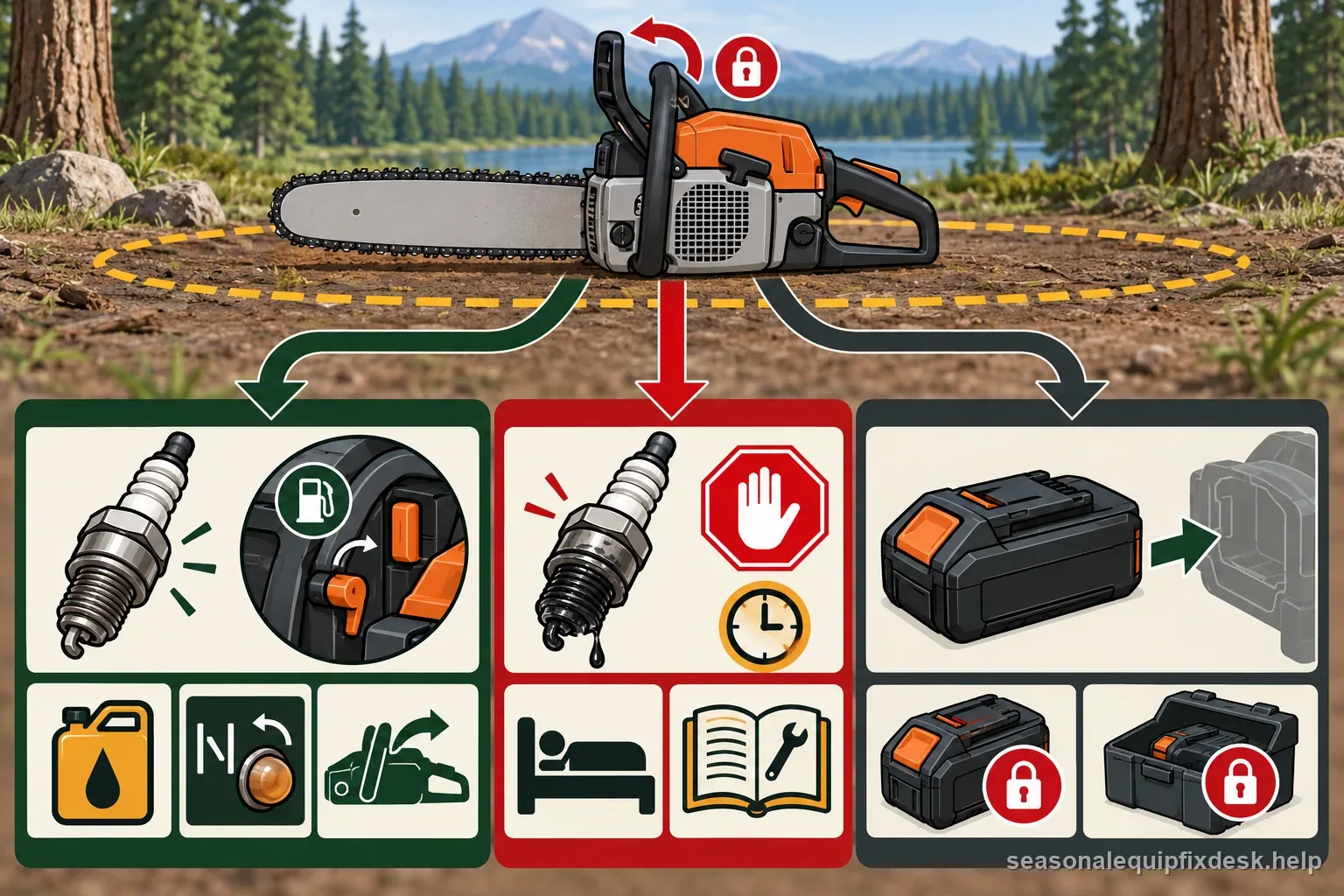 Chainsaw no-start branches distinguish dry-plug fuel clues, wet-plug flooding, and battery saw lockout checks