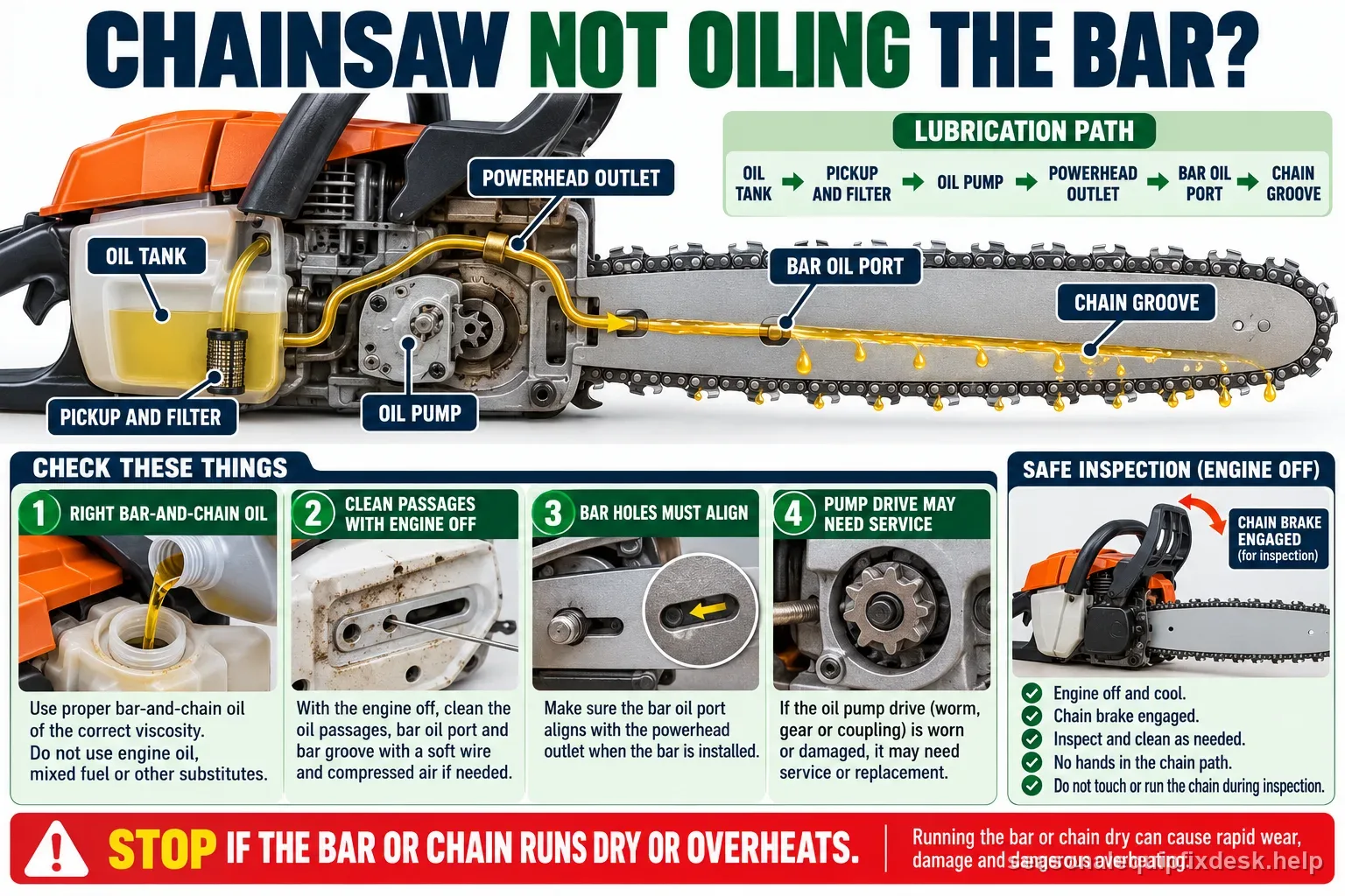 A labeled chainsaw oil path from tank and pickup through pump, powerhead outlet, bar port, and chain groove with engine-off inspection steps