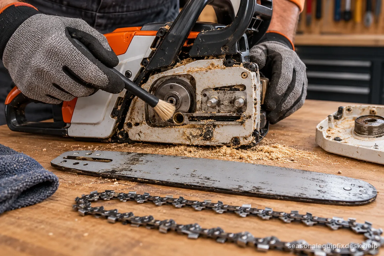A chainsaw stopped for inspection with the guide bar and chain removed so the oil outlet and bar passages can be checked