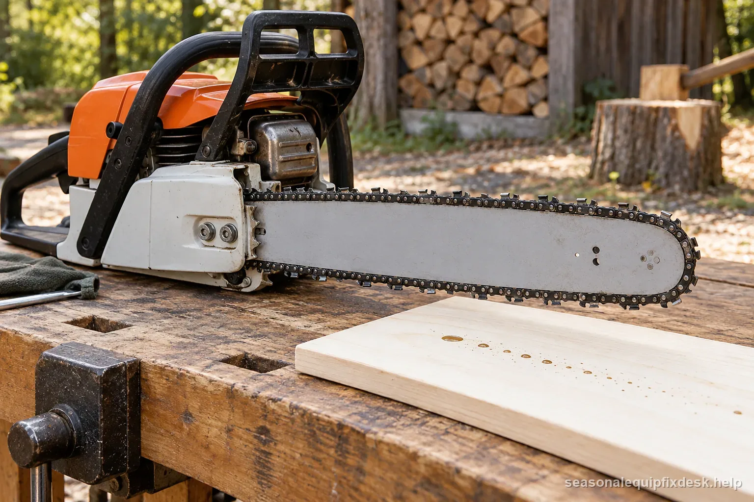 A switched-off chainsaw beside a pale test board with small oil marks after a lubrication check