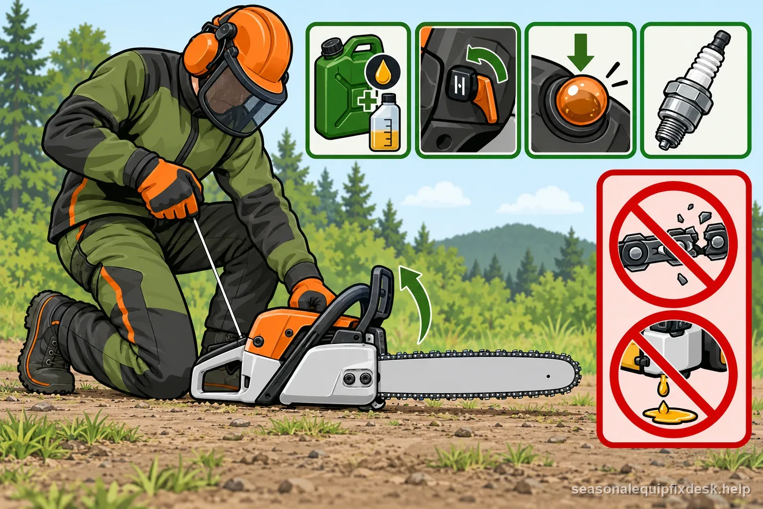 Outdoor chainsaw start setup with chain brake engaged, protective gear, mixed fuel, control, primer, and stop cues
