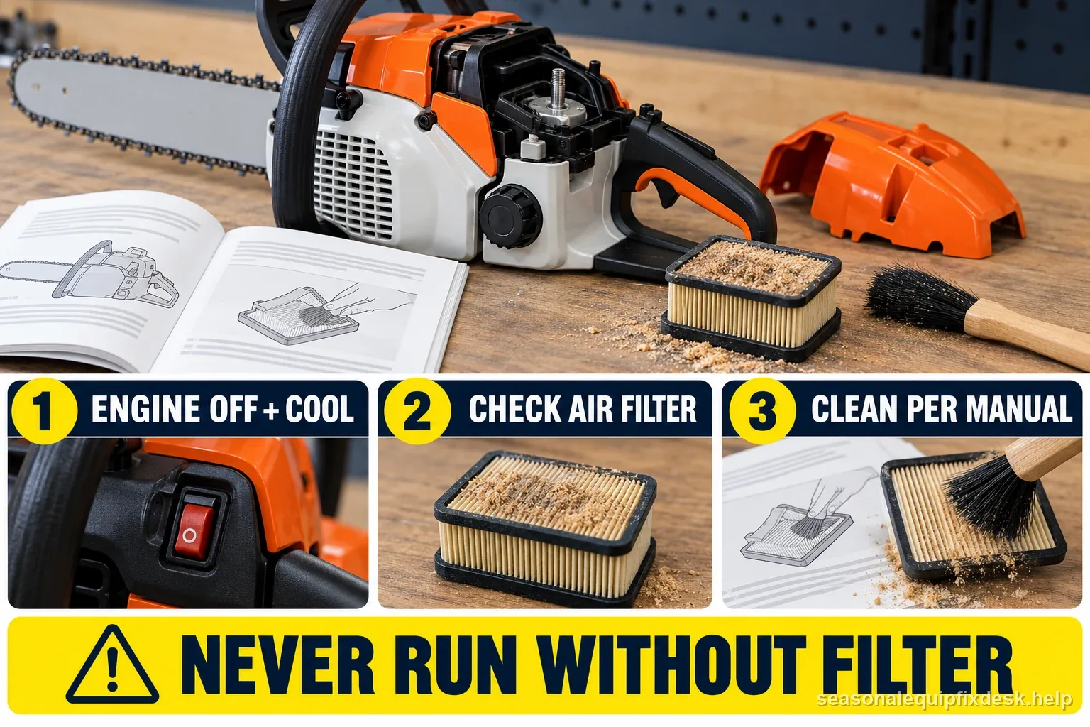 Technician inspecting a chainsaw air filter with the saw shut off and ignition disabled