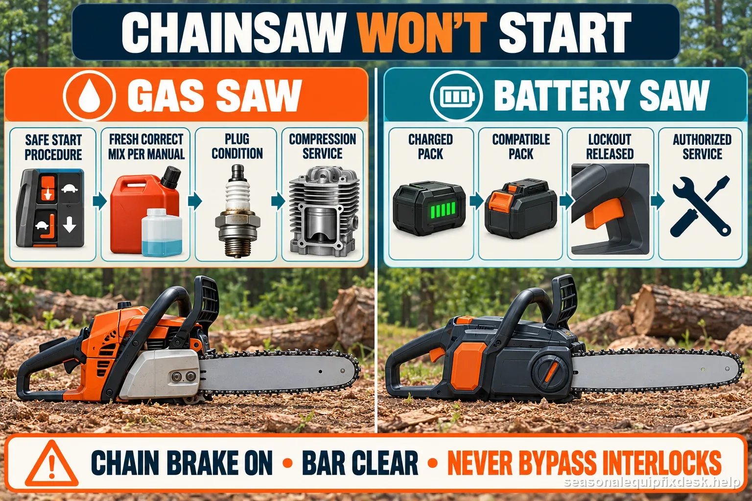 A chainsaw no-start comparison separating model-specific fuel and plug checks for gas saws from battery and lockout checks for battery saws