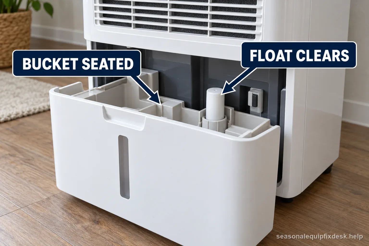 Portable dehumidifier bucket removed to show the fill warning sensor path; unplug before checking and never bypass the bucket shutoff.