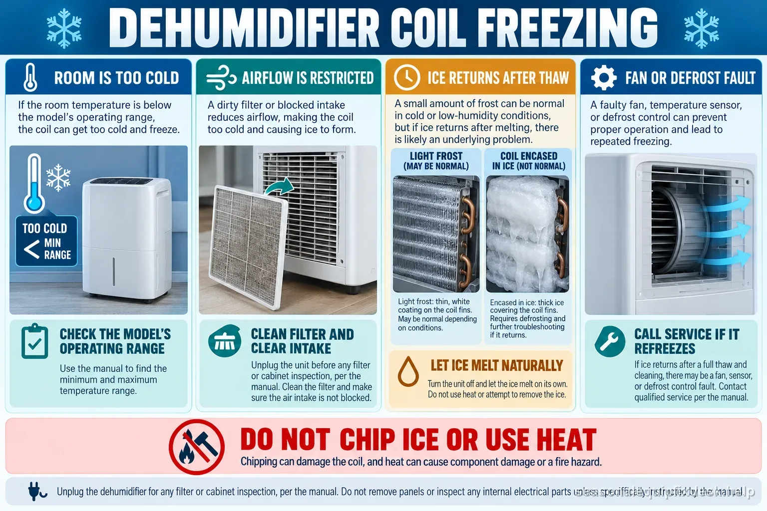 A dehumidifier coil guide distinguishing a light frost film from ice buildup and checking room range, airflow, natural thaw, and service clues