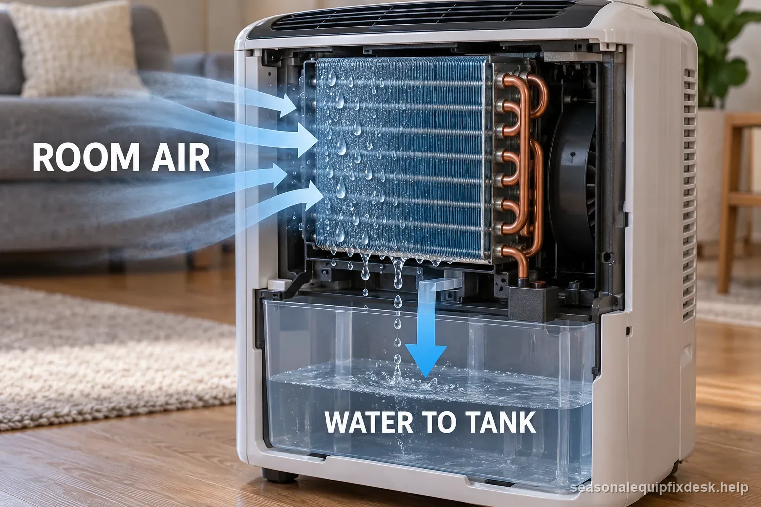 Dehumidifier path shows room air over a cold coil, drip tray, bucket switch, and downward drain hose