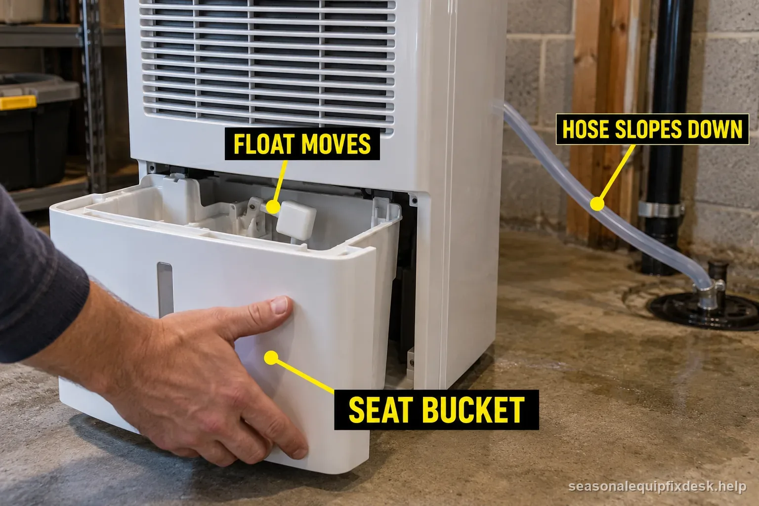 Dehumidifier empty-bucket checks cover room humidity, mode, bucket seating, filter airflow, and drain hose