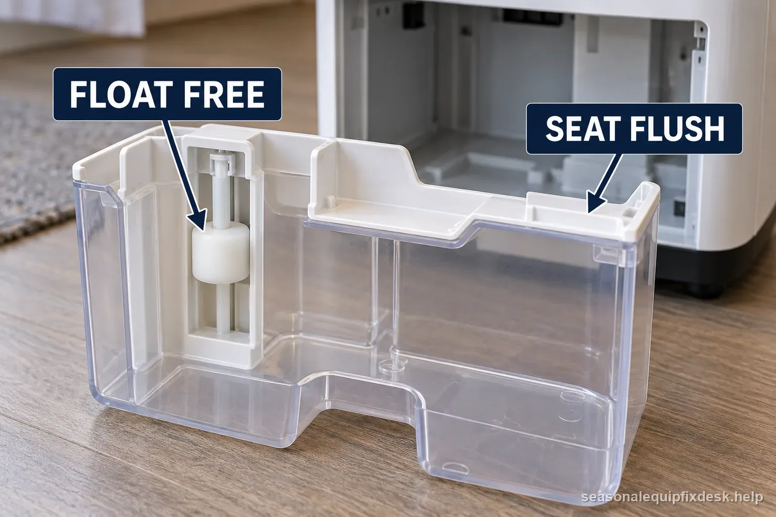 Portable dehumidifier bucket float and seating rails shown close up so the bucket can be checked for free movement and a flush fit.