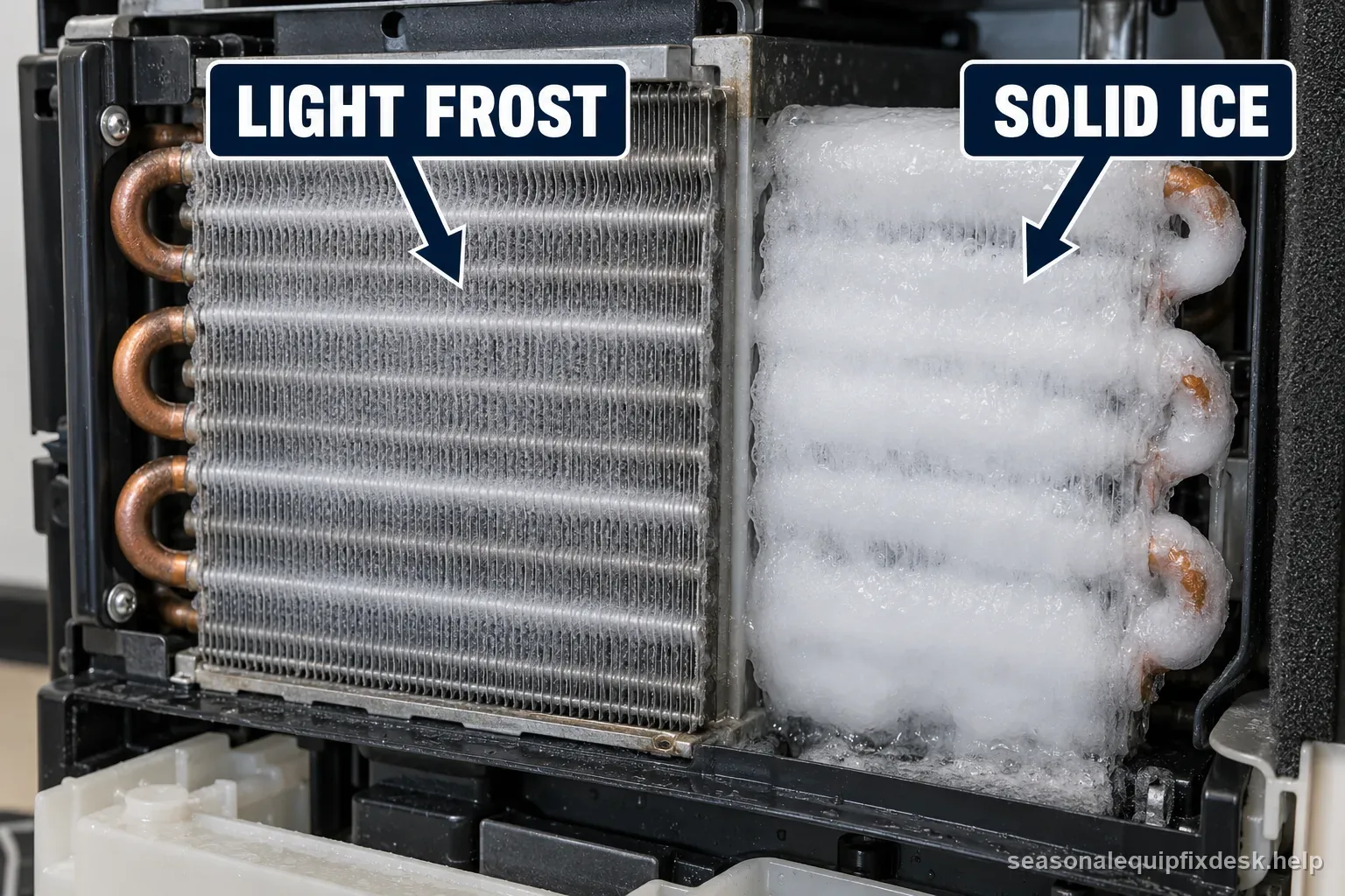 Dehumidifier coil comparison distinguishes light frost that may defrost from recurring heavy ice