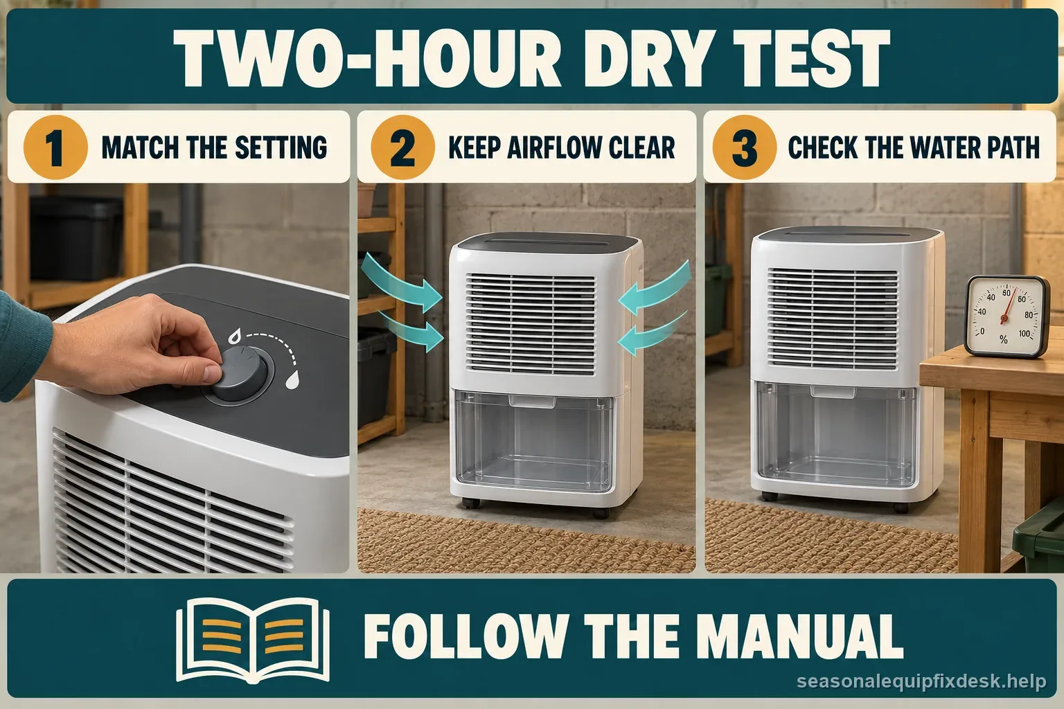 Dehumidifier in a basement shown in a controlled two-hour test with the setting matched, intake airflow clear, and the water path checked without opening the case.