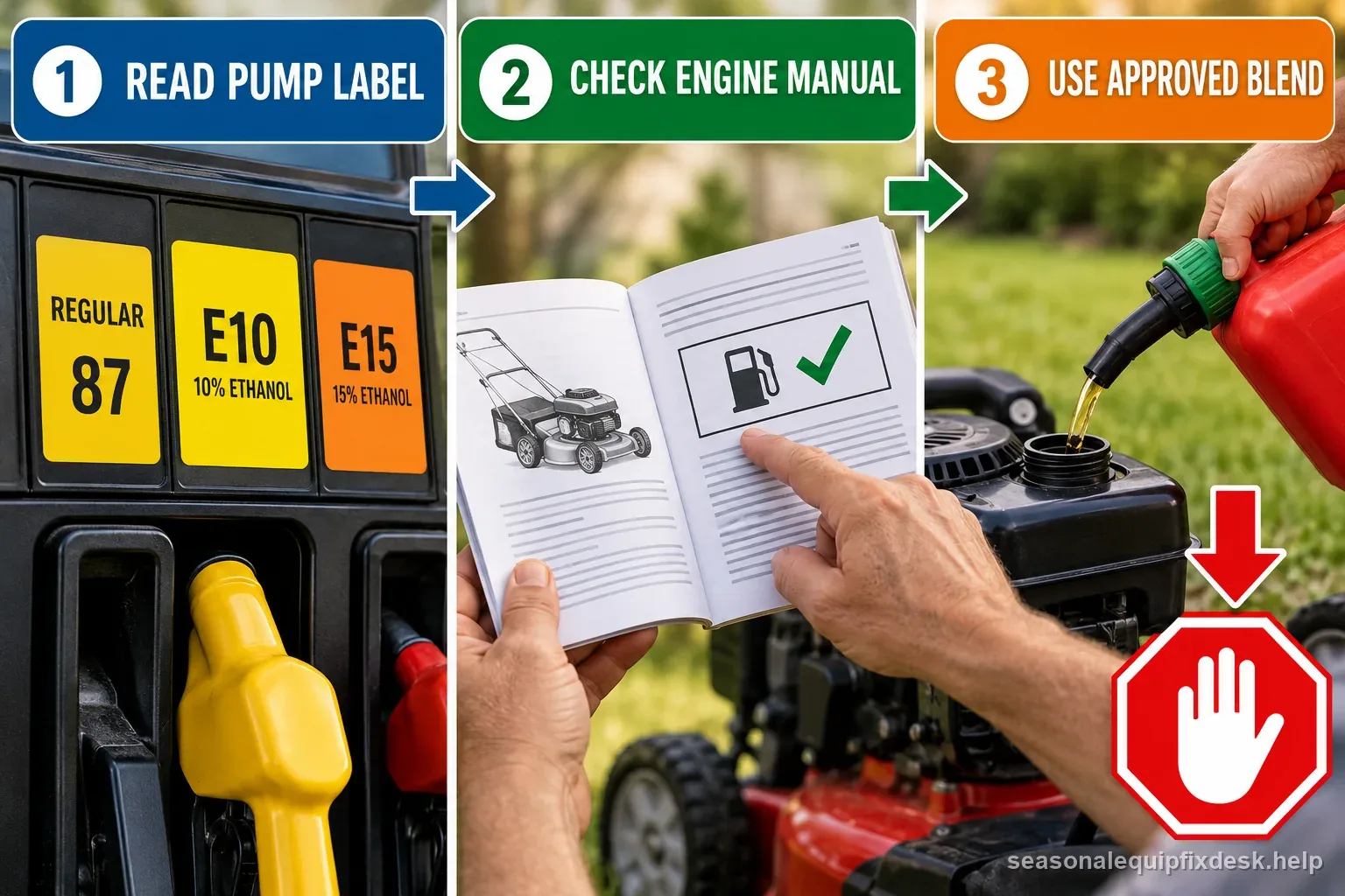 Decision path checks the pump label and engine manual before choosing an approved blend, with a stop signal for unapproved fuel.