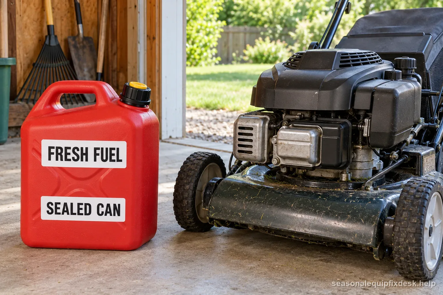 Seasonal fuel routine shows fresh approved fuel, labeled cans, and safe disposal of suspect gasoline