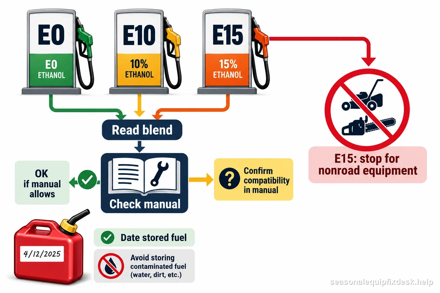 E0 E10 and E15 fuel labels lead to a manual compatibility check, with an E15 warning for nonroad lawn equipment and chainsaws