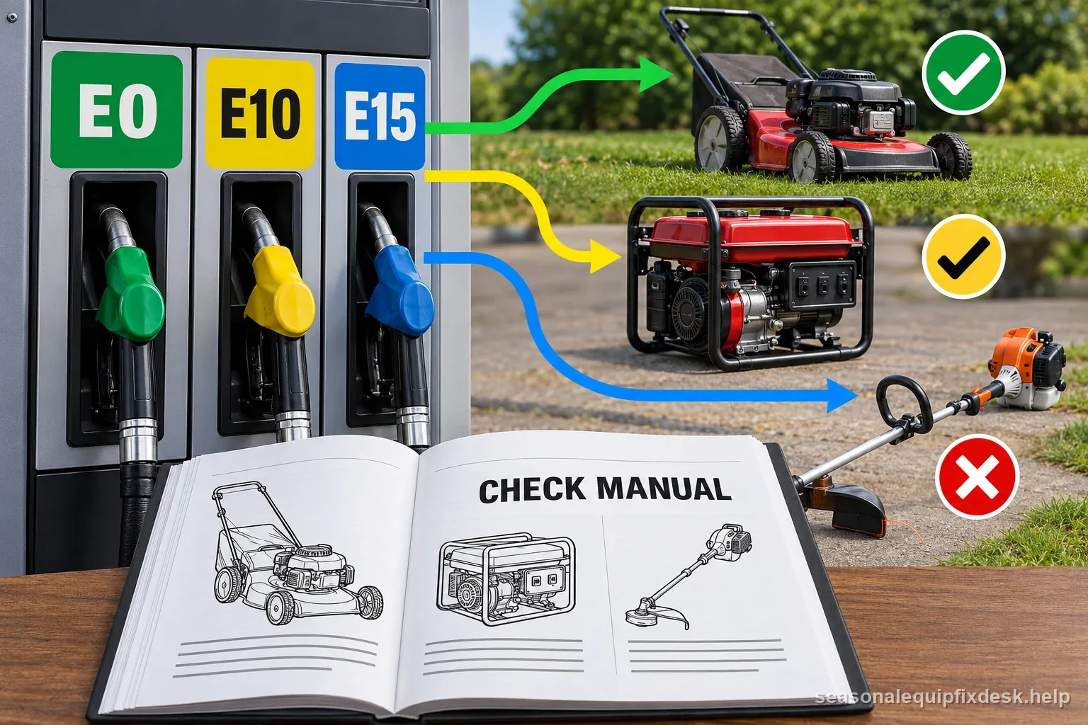 Fuel compatibility graphic compares E0, E10, and E15 labels and directs the reader to the exact engine manual.