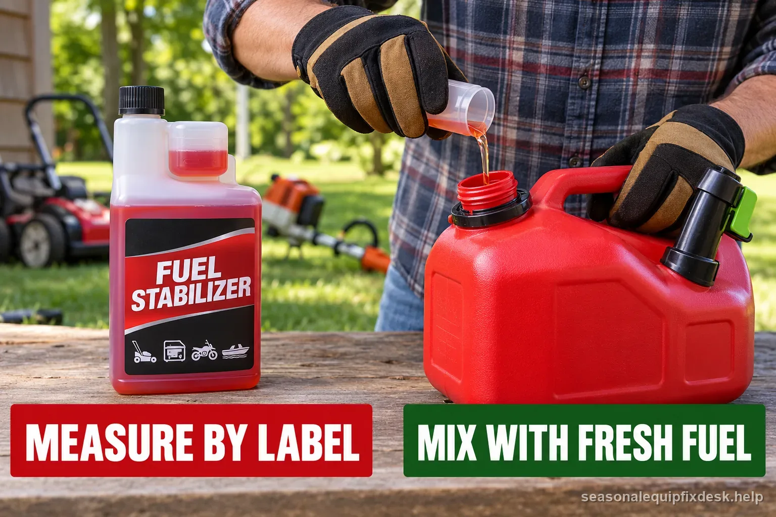 Stabilizer diagram shows label-based dosing into fresh fuel and circulation only when the engine maker requires it
