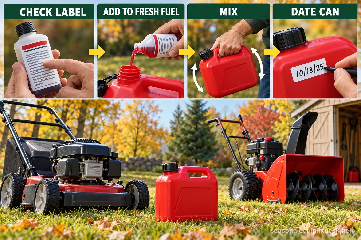 Seasonal fuel graphic shows checking the product label, adding it to fresh fuel, mixing, and dating the can without prescribing a universal dose.