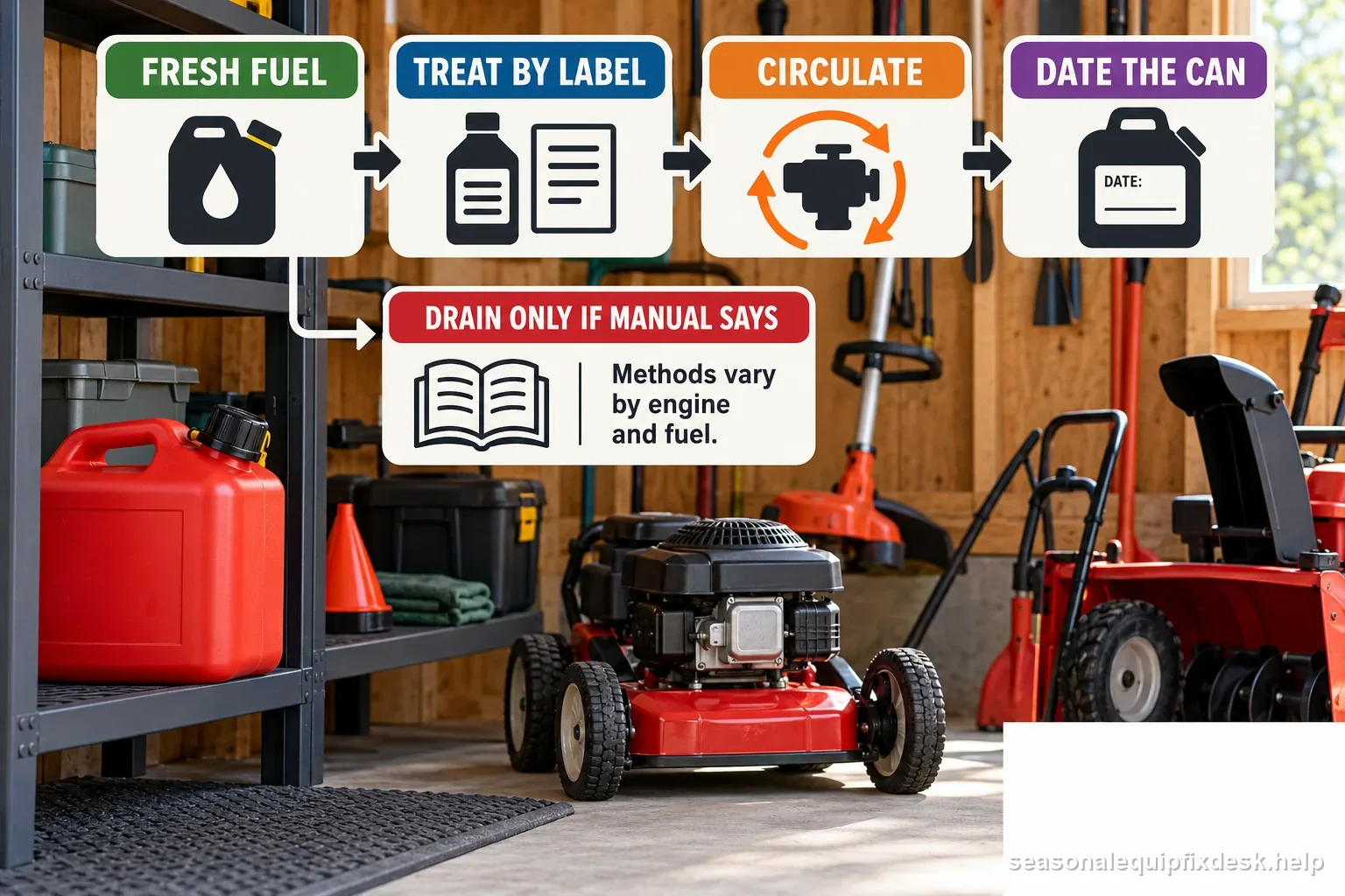 A labeled seasonal fuel storage flow covers fresh fuel, following the additive label, circulating treated fuel, dating the can, and draining only when the engine manual directs.