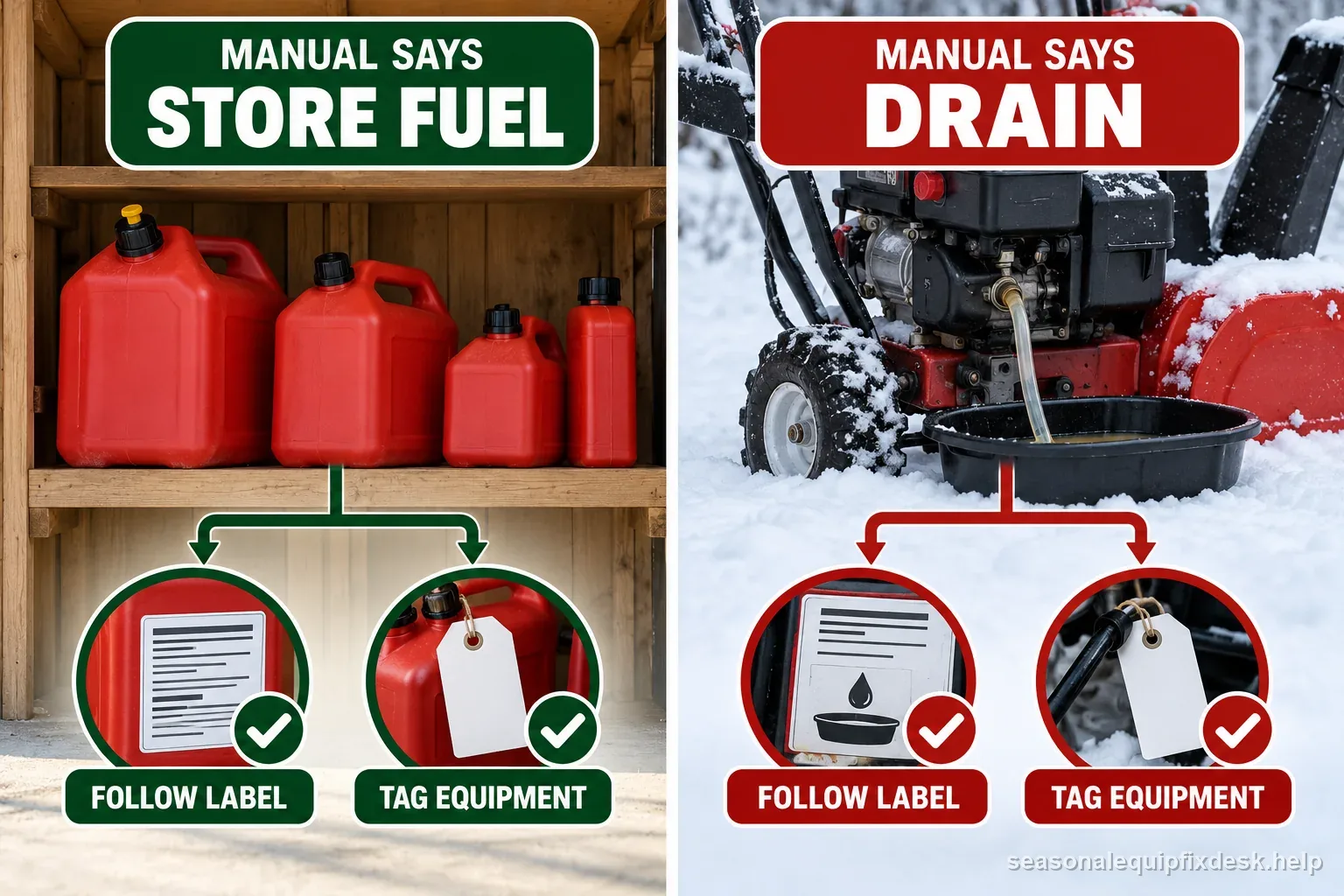 Two storage paths distinguish storing fuel from draining only when the equipment manual says so, with reminders to follow labels and tag equipment.