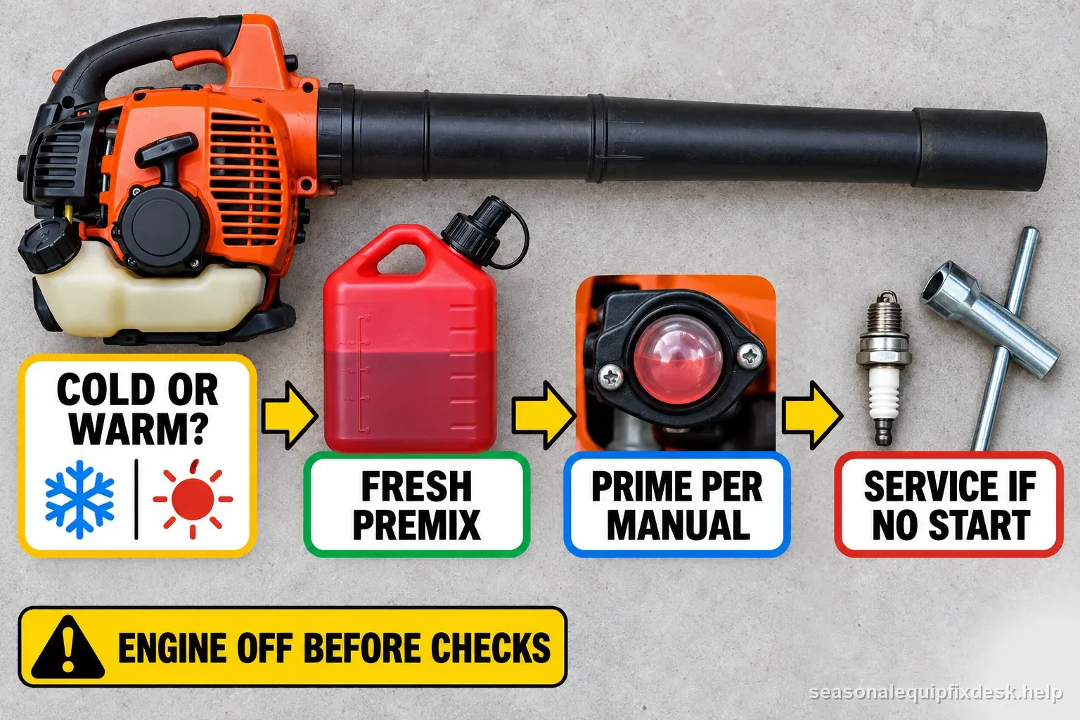 A labeled gas leaf blower diagnostic sequence separates cold or warm start, fresh premix, model-directed priming, and when to request service.