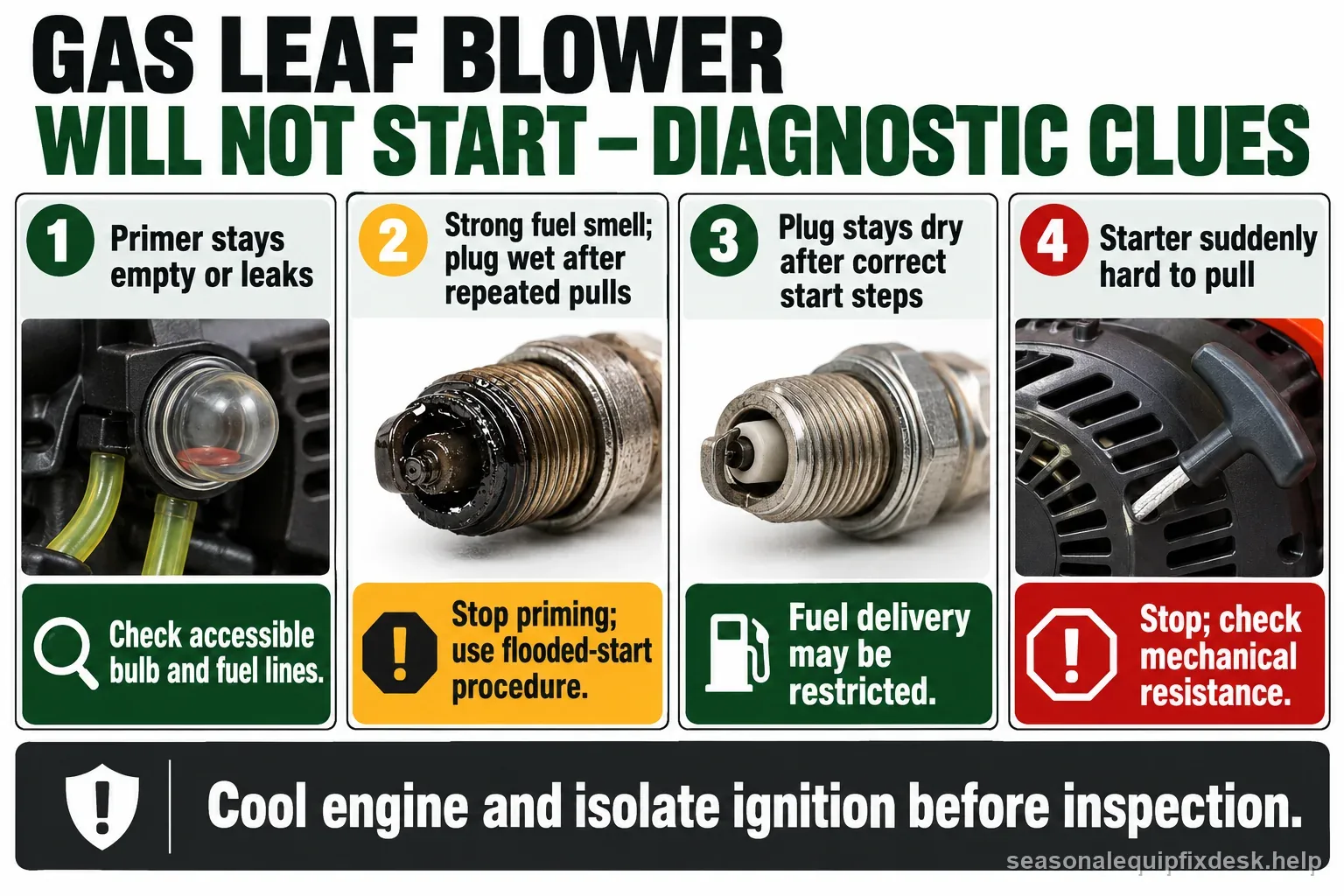 Labeled gas leaf blower no-start clues showing empty primer, wet plug after repeated pulls, dry plug after correct steps, and hard starter resistance