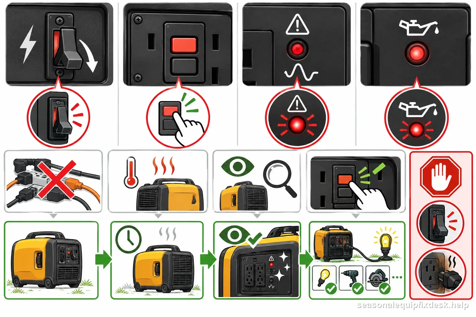 Portable generator panel symbols distinguish a tripped breaker, popped GFCI, inverter overload light, and engine shutdown