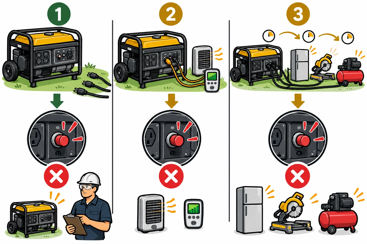 Trip timing compares an immediate no-load trip, a trip caused by one appliance, and a trip after combined loads start